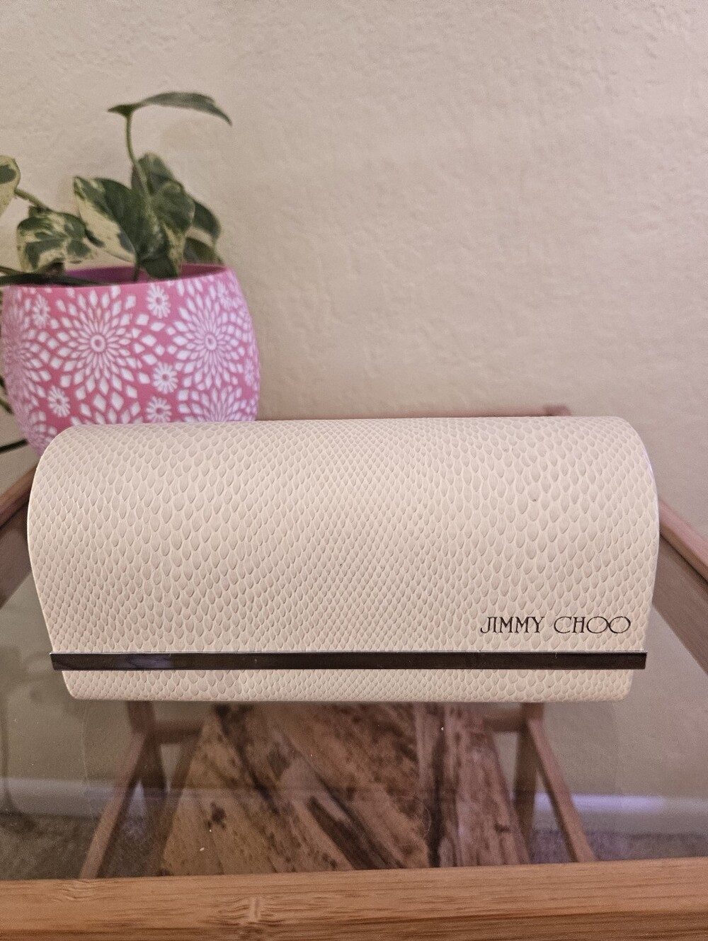 Jimmy Choo Large Ivory Textured Glasses / Sunglasses Case with Chrome trim.